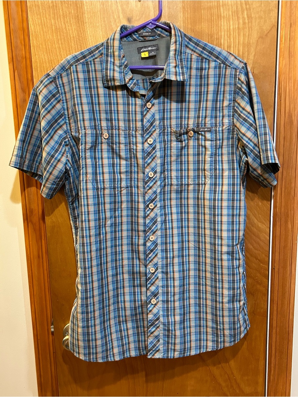 Eddie Bauer Men's Short-Sleeve Plaid Button-Down Shirt - Blue & Brown Size TL